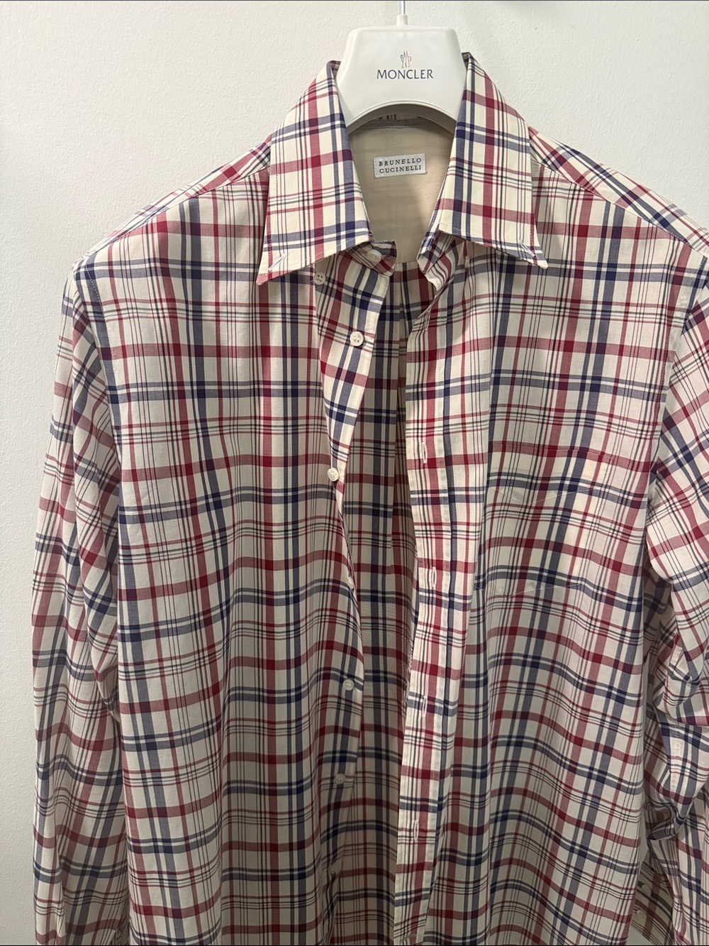 Brunello Cucinelli Red, Navy & White Plaid Button-Down Shirt